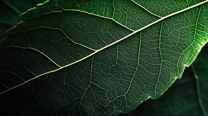 Fototapeta premium A large green leaf shows veins and intricate patterns against a dark background