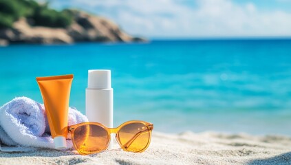 Such a Lovely Sunscreen. Info on the white towel, sunglasses, and hat placed next to it on an exotic beach with blue water in the background. A bottle of sun cream is also visible. 