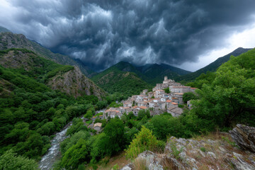 Fototapeta premium Dark clouds gather over a serene mountain village nestled in lush greenery