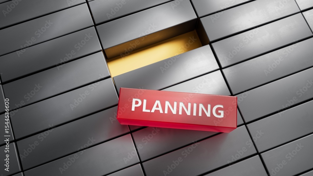  planning.metal blocks spelling.flat lay view from above on red background with metal blocks buttons.