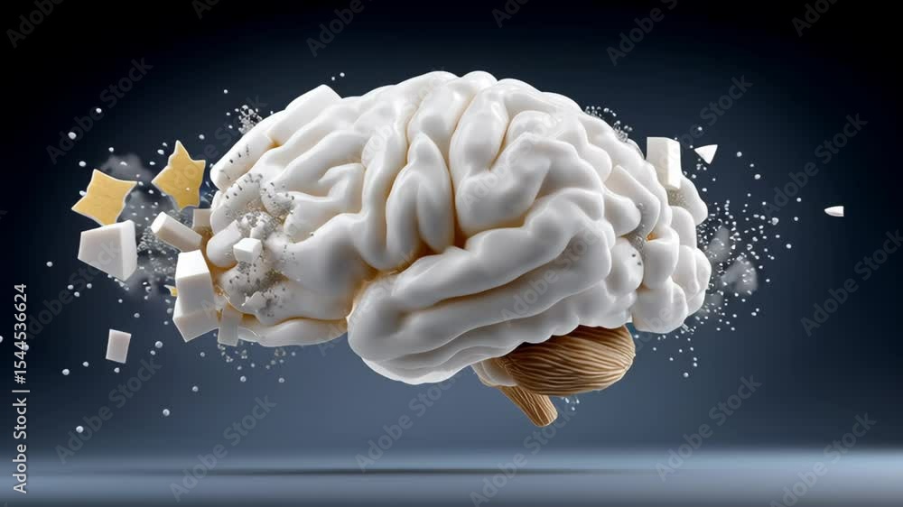 Aufkleber 3d illustration of a human brain exploding with fragments and particles, showcasing the concept of c