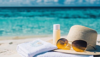 Such a Lovely Sunscreen. Info on the white towel, sunglasses, and hat placed next to it on an exotic beach with blue water in the background. A bottle of sun cream is also visible. 