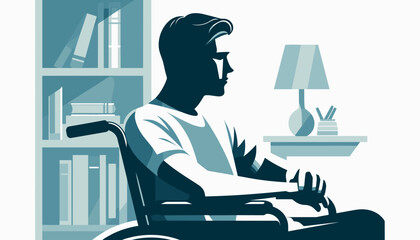  a young man on a wheelchair, disable person flat design illustration
