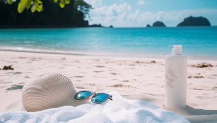 Such a Lovely Sunscreen. Info on the white towel, sunglasses, and hat placed next to it on an exotic beach with blue water in the background. A bottle of sun cream is also visible.