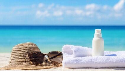 Such a Lovely Sunscreen. Info on the white towel, sunglasses, and hat placed next to it on an exotic beach with blue water in the background. A bottle of sun cream is also visible. 