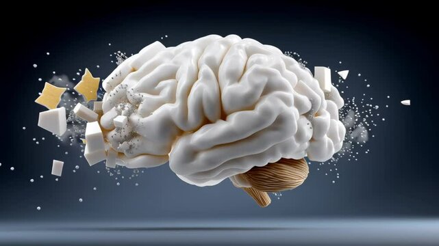 3D illustration of a human brain exploding with fragments and particles, showcasing the concept of creativity, thought processes, and cognitive functions in a visually striking manner