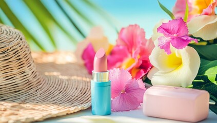 The beach background features a wicker bag with lipstick, pink and blue lip balm, a hat, flowers on the table, close-up shots of the products