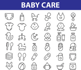 A cute and modern set of 50 baby care and parenting vector line icons. This collection includes essential items like pacifier, baby bottle, bib, diaper, cradle, baby face, milk, stroller, baby monitor