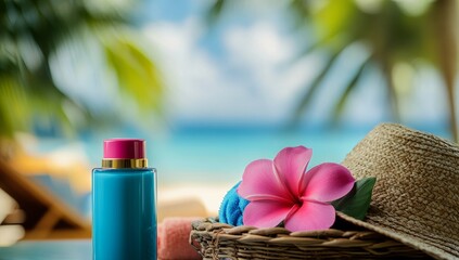 The photograph is admittedly not the best quality, a little blurry. There is pink lipstick and blue cream in a wicker basket on a table, with a beach hat