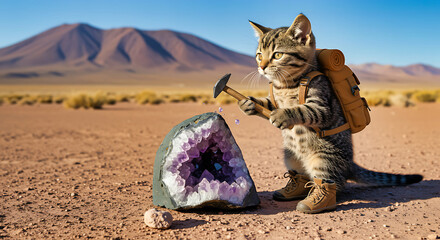 Adventurous tabby kitten geologist with backpack, mining amethyst geode in desert landscape, sunny day, cute animal, travel concept
