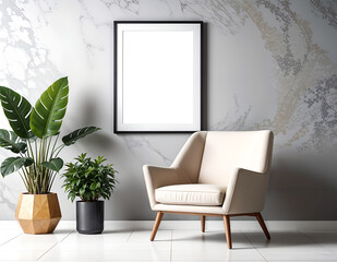 Morden living room with armchair and transparent picture frame mockup on background wall.