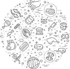 Content creation and writing-themed doodle icon set arranged in a circular layout. Includes elements like typewriters, paper, pens, chat bubbles, tablets, keyboards, quill pens, light bulbs, megaphone