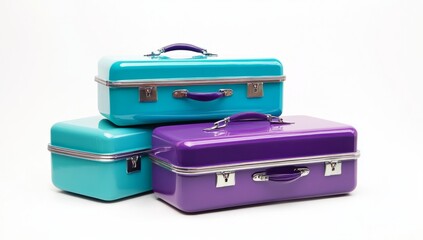 Three suitcases of different sizes and colors, standing upright on wheels against a neutral background. The luggage is made from plastic with a matte finish, featuring horizontal stripes along the edg