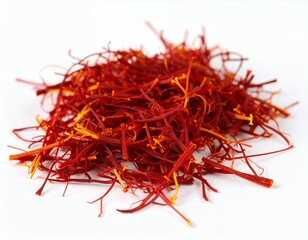 Naklejka premium Pile of vibrant crimson saffron threads meticulously arranged close up on white background