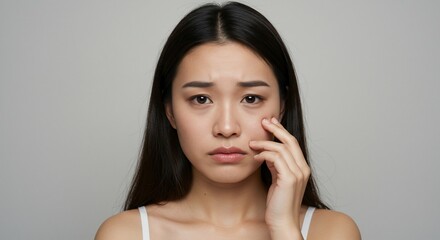Concerned Asian Woman with Dark Circles Touching Her Cheek on Gray Background