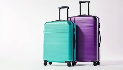 Three suitcases of different sizes and colors, standing upright on wheels against a neutral background. The luggage is made from plastic with a matte finish, featuring horizontal stripes along the edg