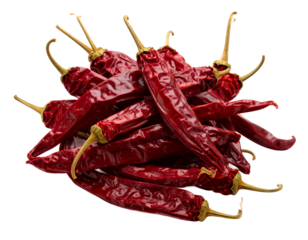 Pile of vibrant dried red chili peppers, offering intense flavor and heat on transparent background