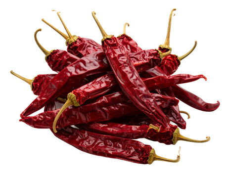 Pile of vibrant dried red chili peppers, offering intense flavor and heat on transparent background