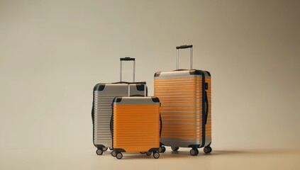 Three suitcases of different sizes and colors, standing upright on wheels against a neutral background. The luggage is made from plastic with a matte finish, featuring horizontal stripes along the edg