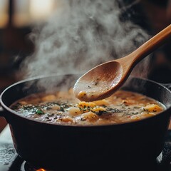 Creamy soup cooking in rustic pot overhead view