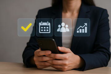 Businesswoman managing holographic system icons on advanced mobile device indoors