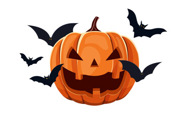 halloween pumpkin face and bats flying.halloween decoration concept clip art vector illustration.