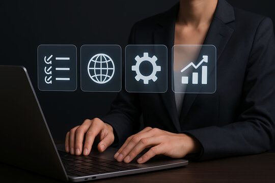 Professional overview of cloud system data via virtual screen on laptop