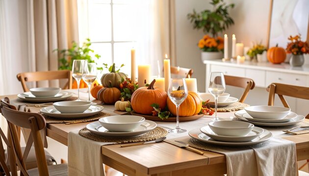Elegant Autumn Dining Table Setting with Pumpkins and Candles