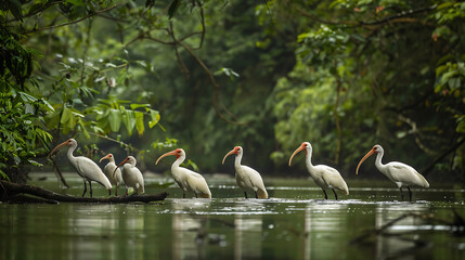 group of American White Ibis