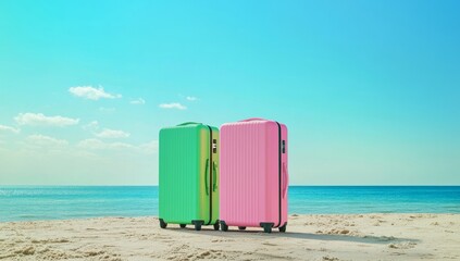 Two colorful suitcases standing next to each other on the beach, with a blue sky and sea in the background. One suitcase is pink, and the other is green.