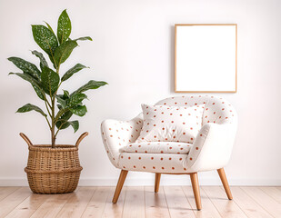 Morden living room with armchair and transparent picture frame mockup on background wall.