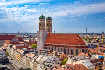 Beautiful super wide-angle sunny aerial view of Munich, Bavaria.