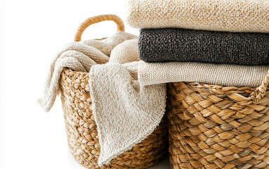 A set of woven seagrass baskets, perfect for organizing toys, clothes, or household essentials in a sustainable way. Generative AI.