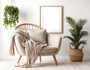 Morden living room with armchair and transparent picture frame mockup on background wall.