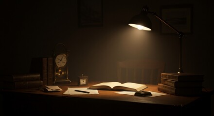 Late Night Studies A Vintage Desk Illuminated by a Warm Lamp