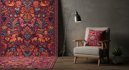 Vibrant Floral Tapestry A Rich, Hand-Woven Rug and Pillow Set
