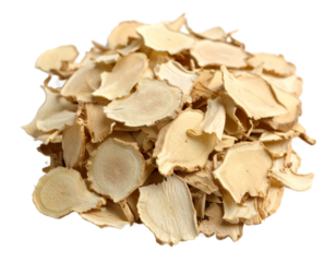 Elevated close up shot of heap of dried sliced ginger root on transparent background
