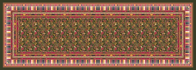 Floral and bird motif digital fabric design with bold colors on an olive-green base. Features geometric multicolor borders and a flat, traditional Indian-inspired aesthetic.

