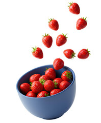 Bowl of strawberries PNG with fresh red strawberries falling into a blue ceramic bowl for healthy fruit visuals. Juicy strawberries dropping into blue bowl isolated for vegan food design, summer fruit