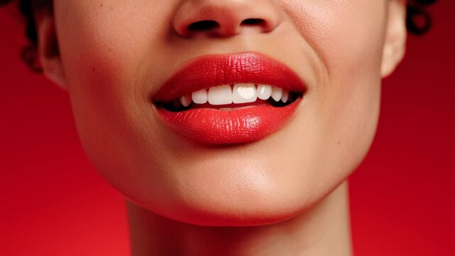 Close-up portrait of a smiling woman with vibrant red lipstick, showcasing her healthy teeth and radiant skin against a bold red background, emphasizing beauty and confidence in a striking visual comp