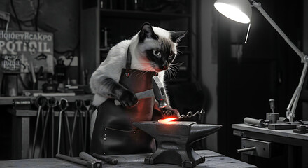Siamese cat blacksmith working at anvil in dark workshop, striking hot metal with hammer, monochrome image with warm light accents