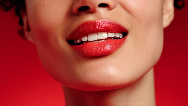 Close-up portrait of a smiling woman with curly hair and vibrant red lipstick, showcasing her radiant smile against a bold red background, emphasizing beauty and confidence in a striking visual compos