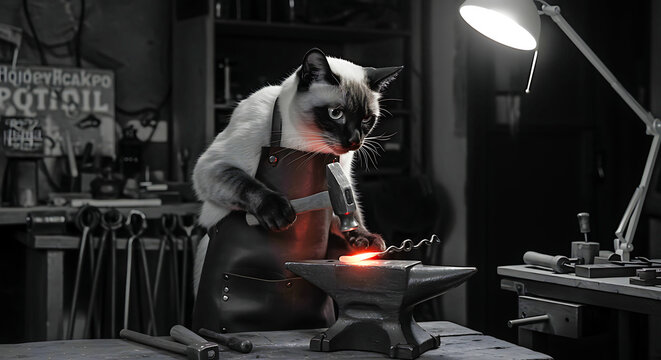 Siamese cat blacksmith working at anvil in dark workshop, striking hot metal with hammer, monochrome image with warm light accents - Powered by Adobe
