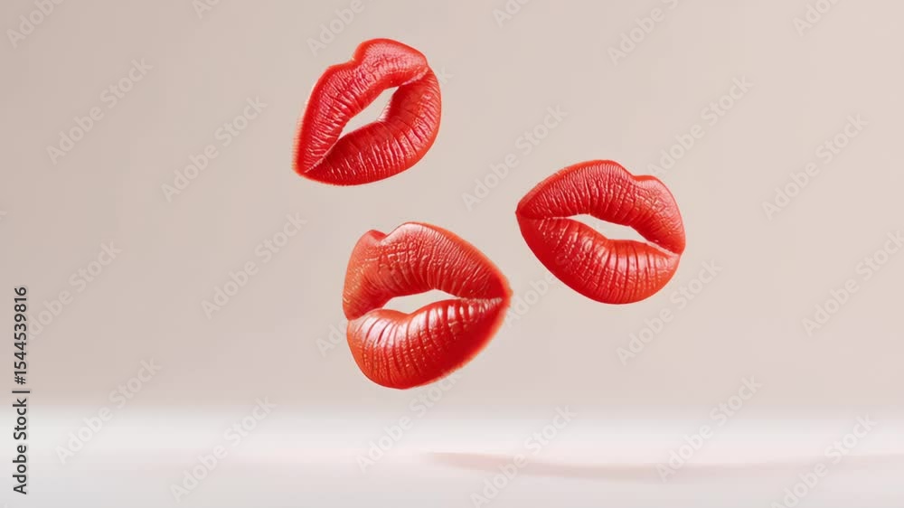 Poster three vibrant red lips floating against a soft neutral background, showcasing glossy texture and int