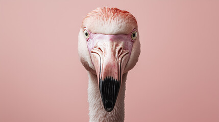A close-up shot of a flamingo's head and neck, facing the camera directly.  Its expression appears intense, almost annoyed. The pink background complements the bird's plumage.
