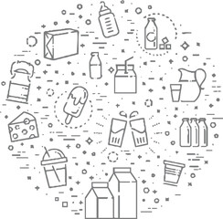 Content creation and writing-themed doodle icon set arranged in a circular layout. Includes elements like typewriters, paper, pens, chat bubbles, tablets, keyboards, quill pens, light bulbs, megaphone