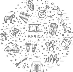 Content creation and writing-themed doodle icon set arranged in a circular layout. Includes elements like typewriters, paper, pens, chat bubbles, tablets, keyboards, quill pens, light bulbs, megaphone