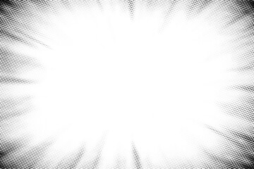 Vignette background with halftone dot pattern and pop art comic frame. Grunge border effect for cartoon vector or speed line emphasis. Subtle polkadot gradient with screentone texture fade.