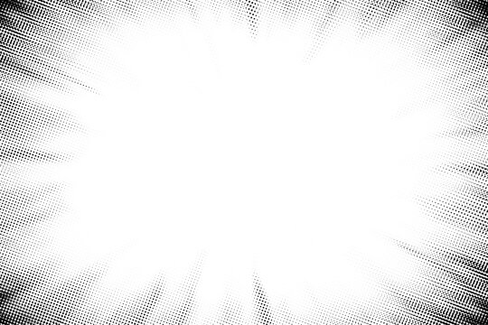 Vignette background with halftone dot pattern and pop art comic frame. Grunge border effect for cartoon vector or speed line emphasis. Subtle polkadot gradient with screentone texture fade.