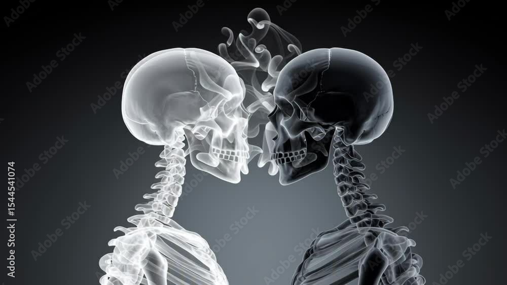 Poster two human skeletons facing each other, with a smoky effect in the background, symbolizing the connec